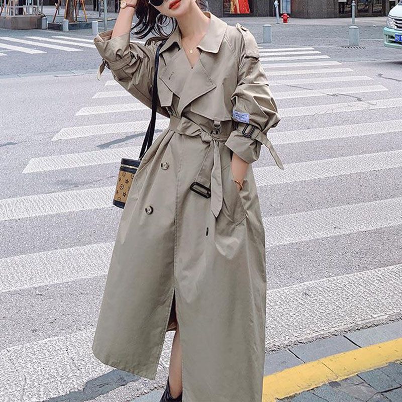 Large Collar Belted Twill Long Trench Coat B3512