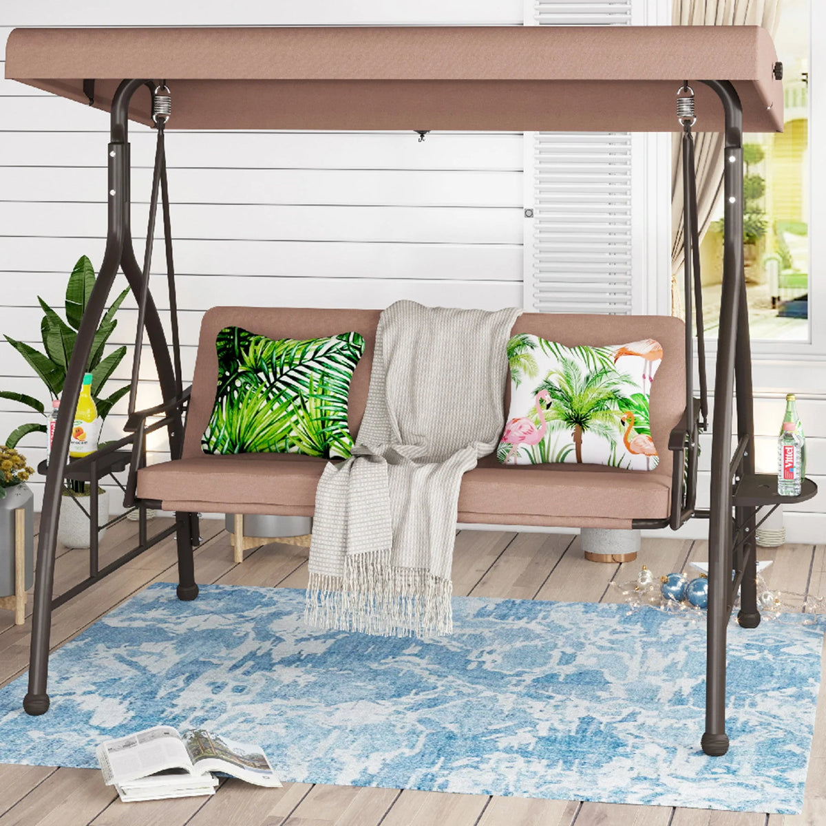 Beige 3-Seat Converting Canopy Swing Glider N984