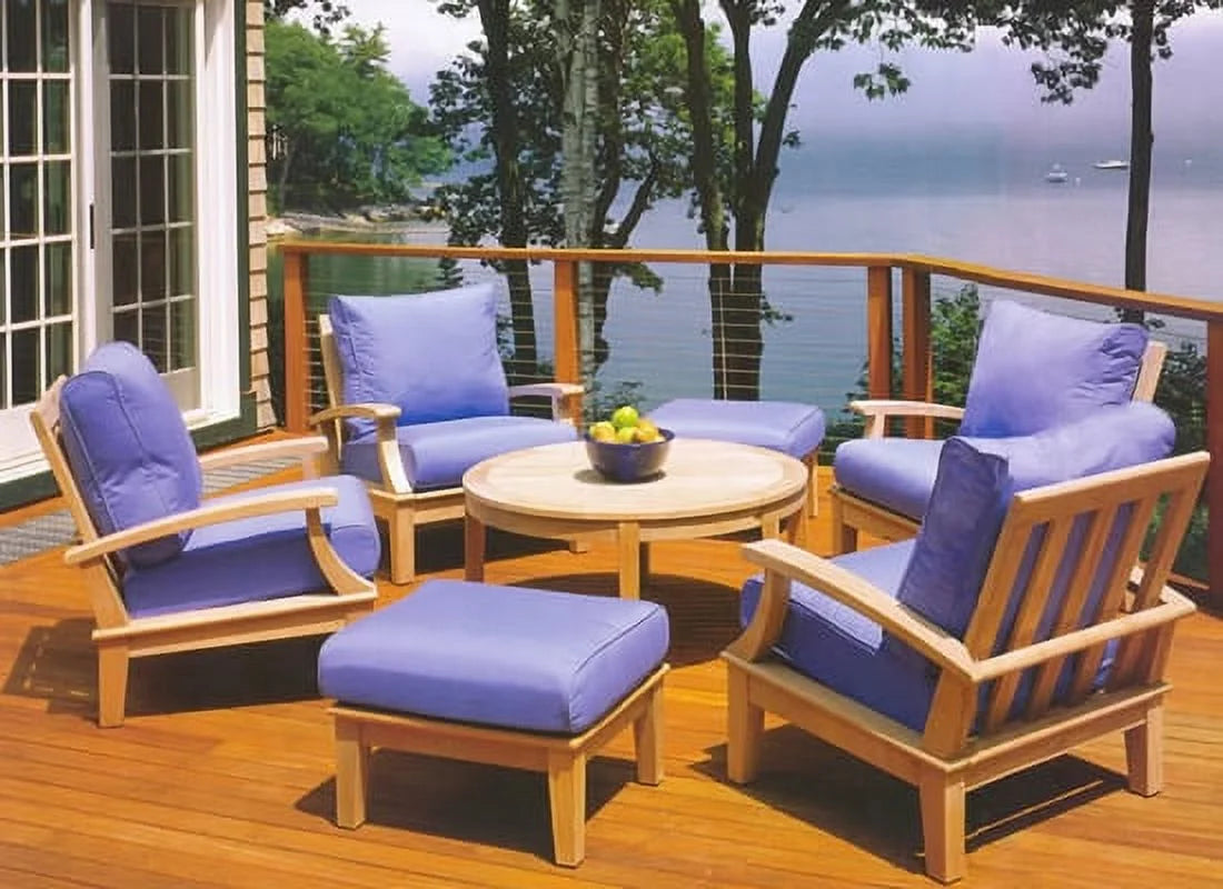 Grade-A Teak Wood 7 Piece Sofa Set with 4 Lounge Chairs, 2 Ottomans and Round Coffee Table L210024