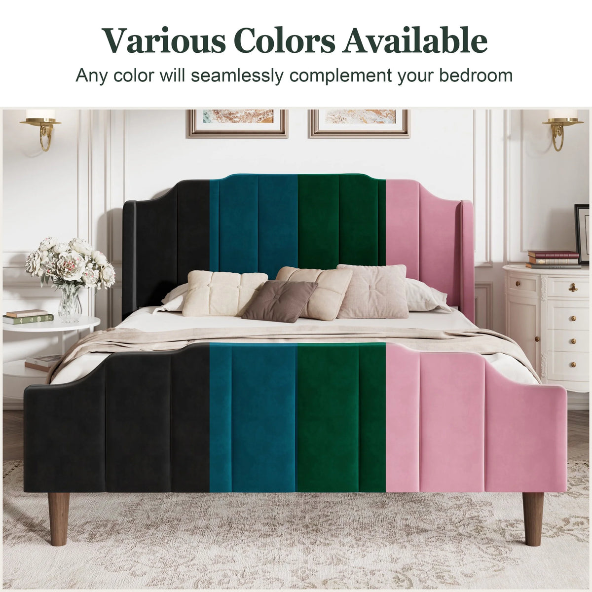 Queen Size Blue Velvet Upholstered Platform Bed Frame O2781