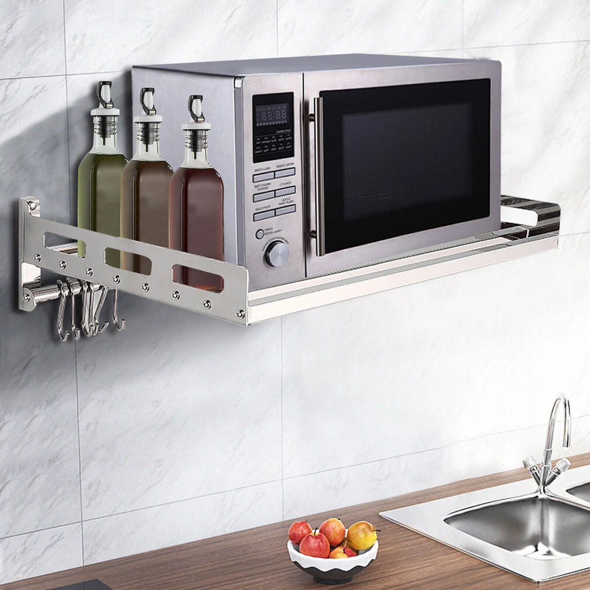 Wall Mount Microwave Oven Shelf Storage Bracket with 12 Hook Stainless O6040