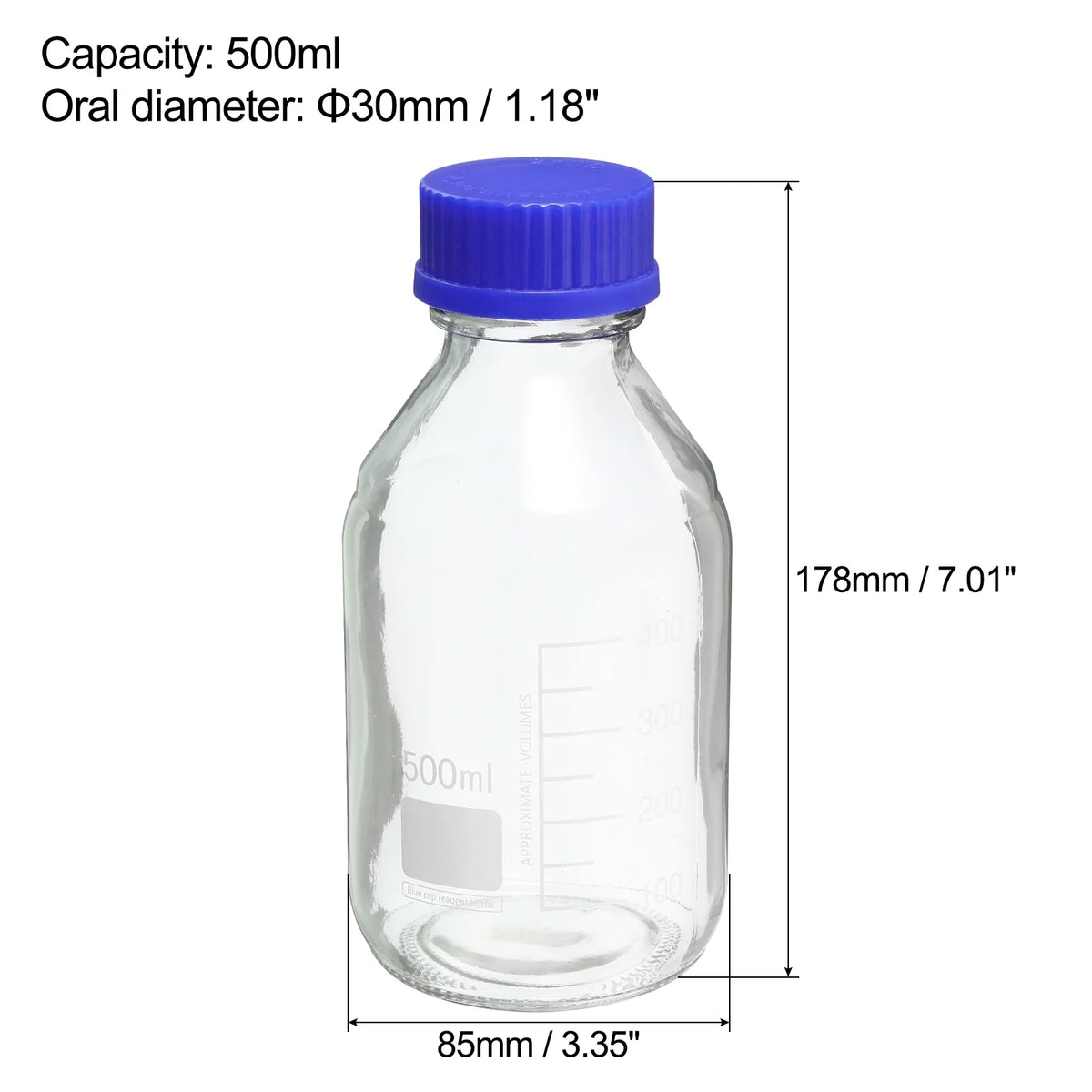 500mL Clear Graduated Glass Storage Bottle Blue Cap 2 Pack F20783