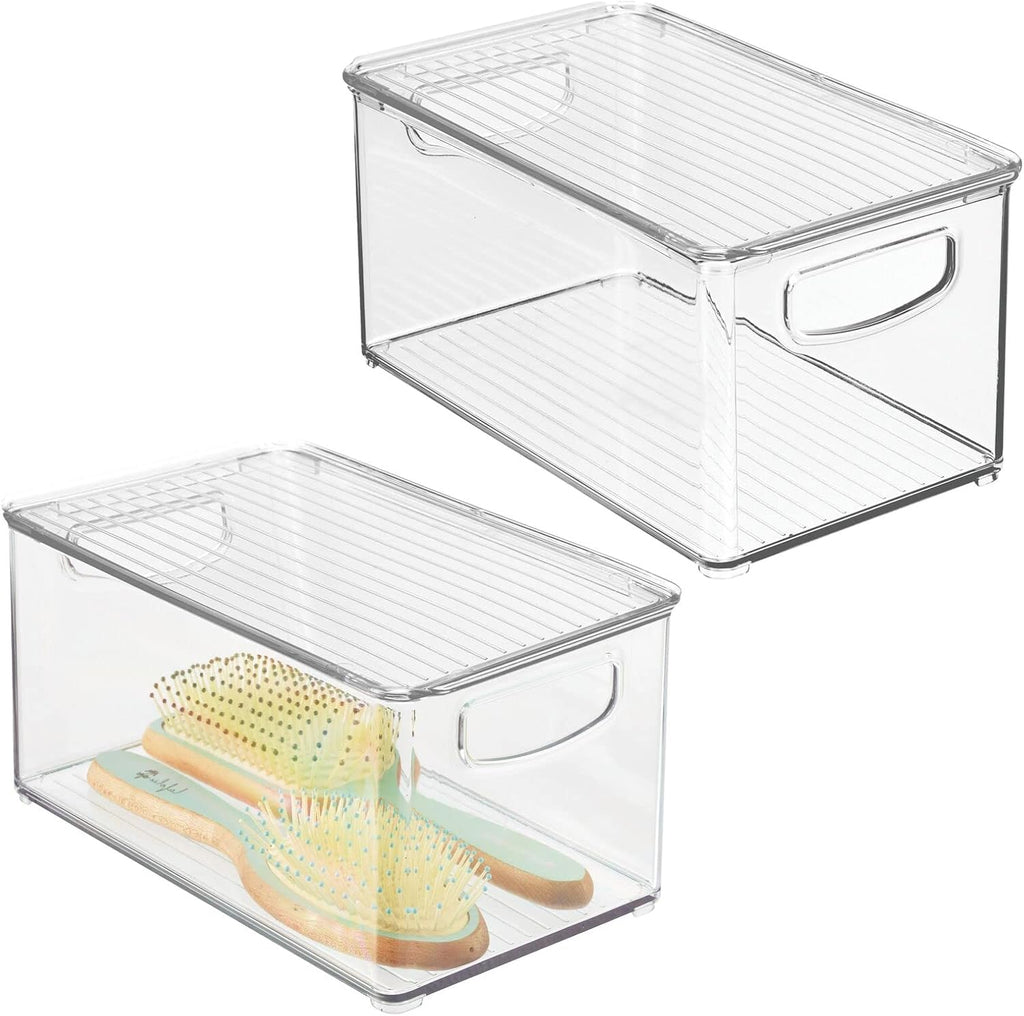 Clear/White Plastic Stackable Bathroom Storage Bin with Handles/Lid, 2 Pack Y578317