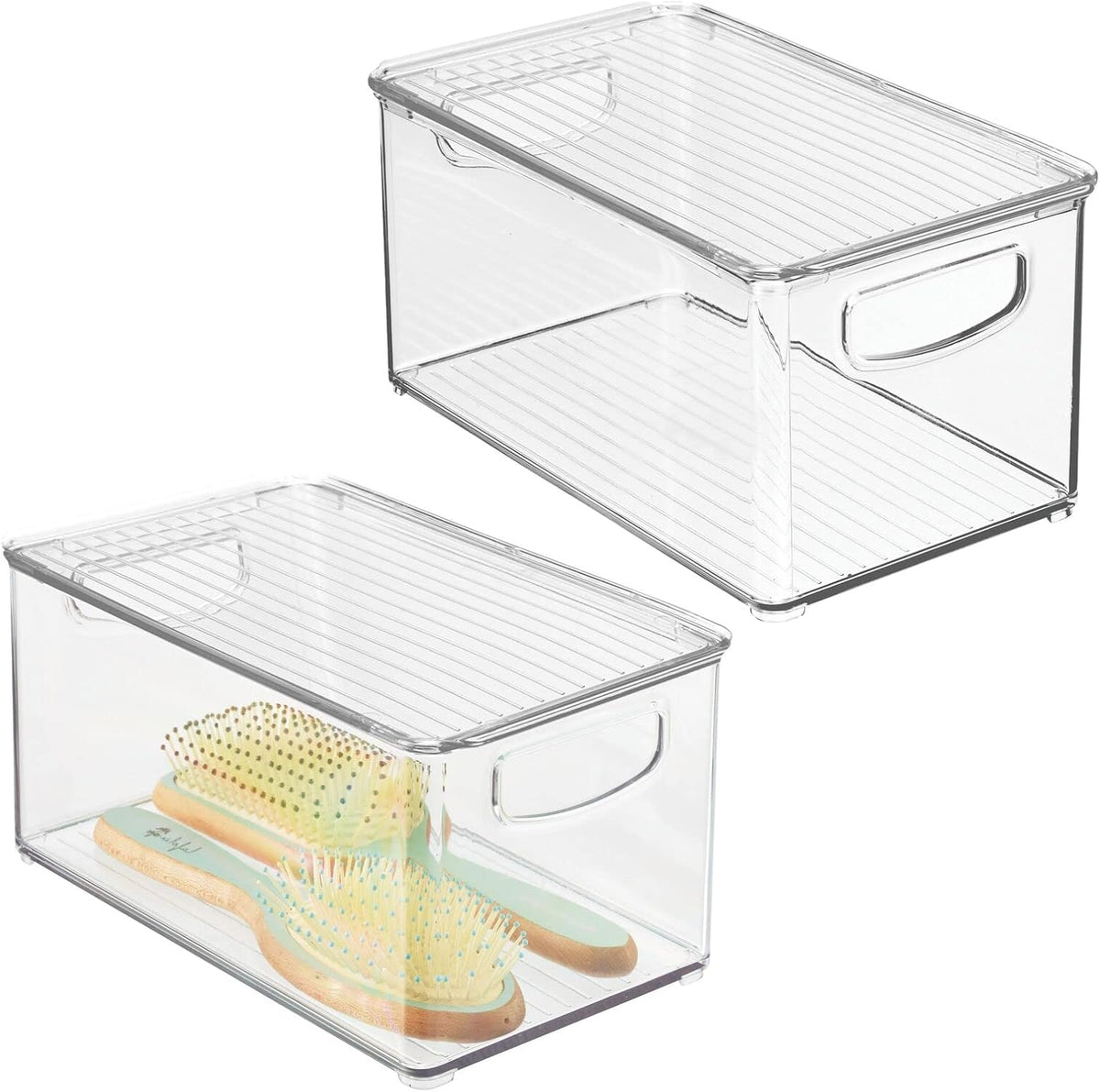 Clear/White Plastic Stackable Bathroom Storage Bin with Handles/Lid, 2 Pack Y578317