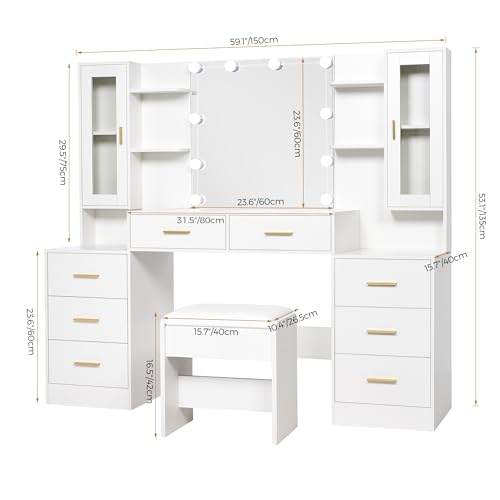 White Large Vanity Desk with Mirror and Lights 8 Drawers J969