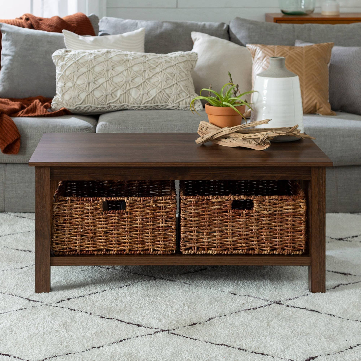 Dark Walnut Coffee Table with Woven Baskets C2117