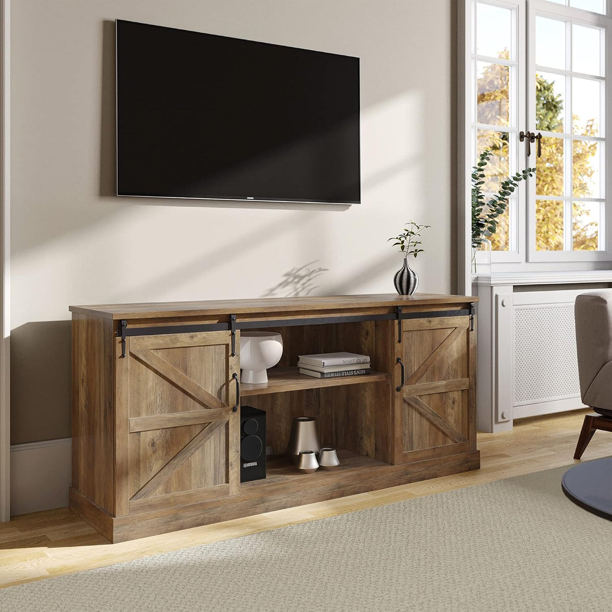 Stone Grey TV Stand with Sliding Barn Door and Storage Cabinets P4601