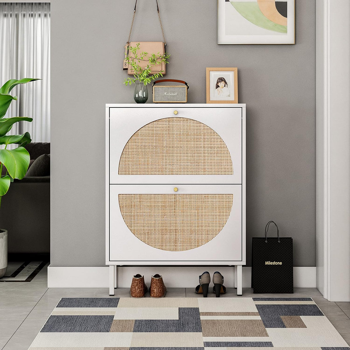 White 2-Drawer Shoe Cabinet with Rattan Doors Z2457