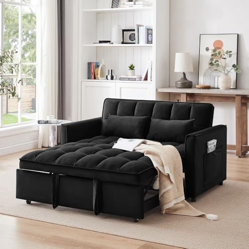 Blue Velvet Double Convertible Sofa Bed with Storage Bag and Pillow F994869