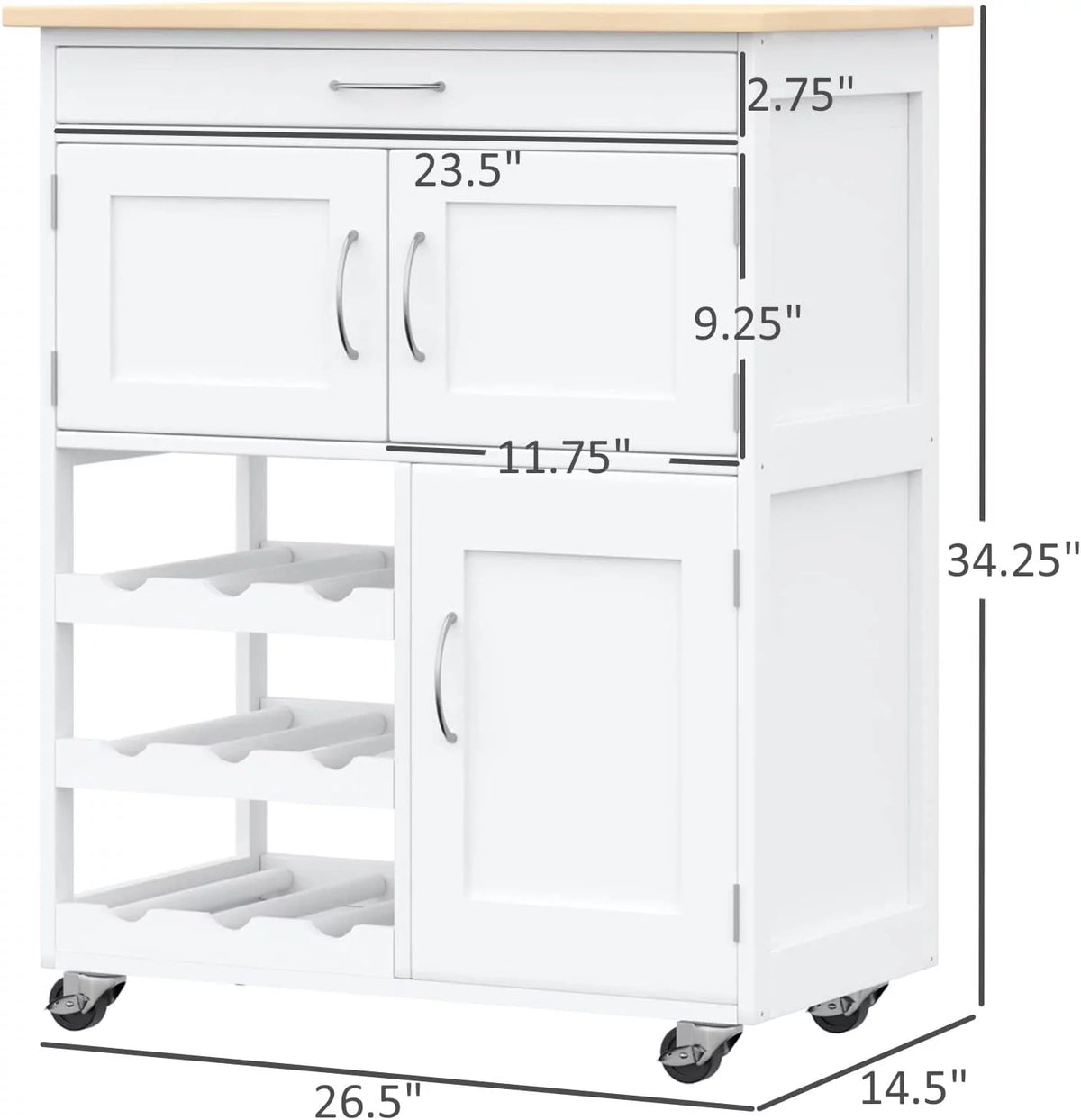 Rolling Kitchen Island with 9-Bottle Wine Rack and Drawer, White J4622