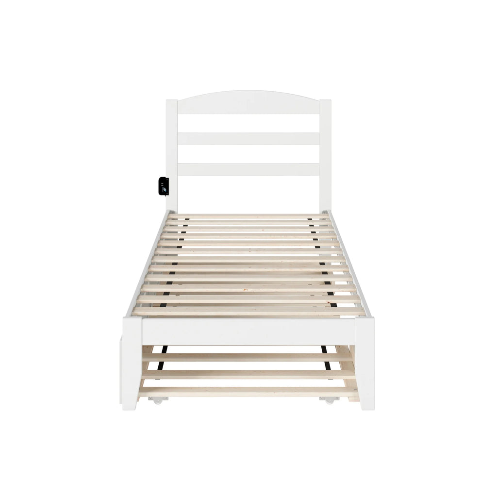 White Solid Wood Twin Bed with Trundle and USB Charger I6665