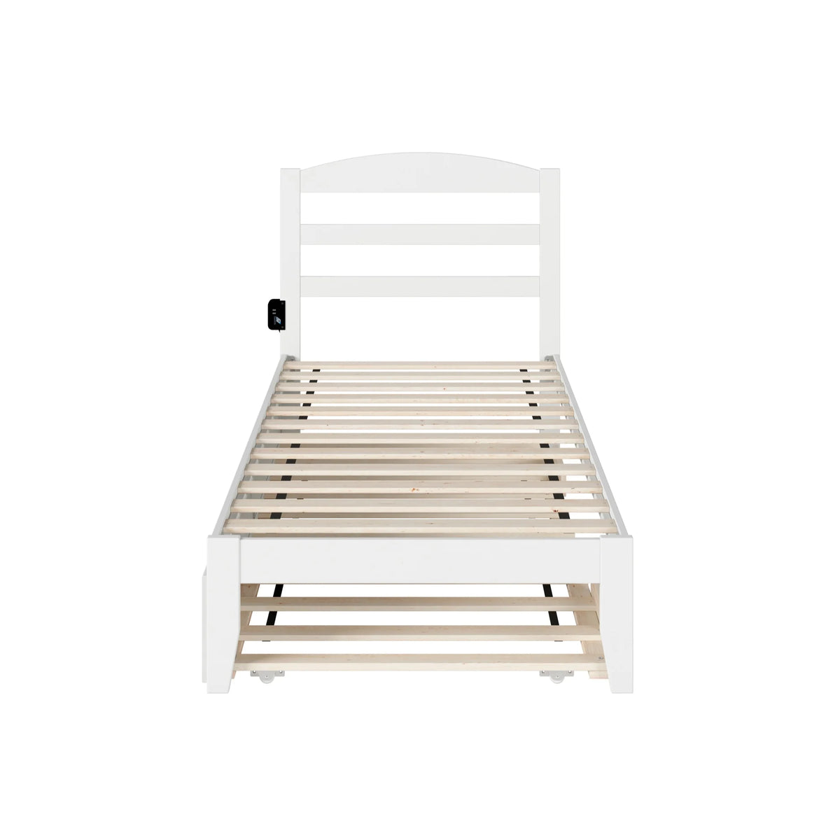 White Solid Wood Twin Bed with Trundle and USB Charger I6665