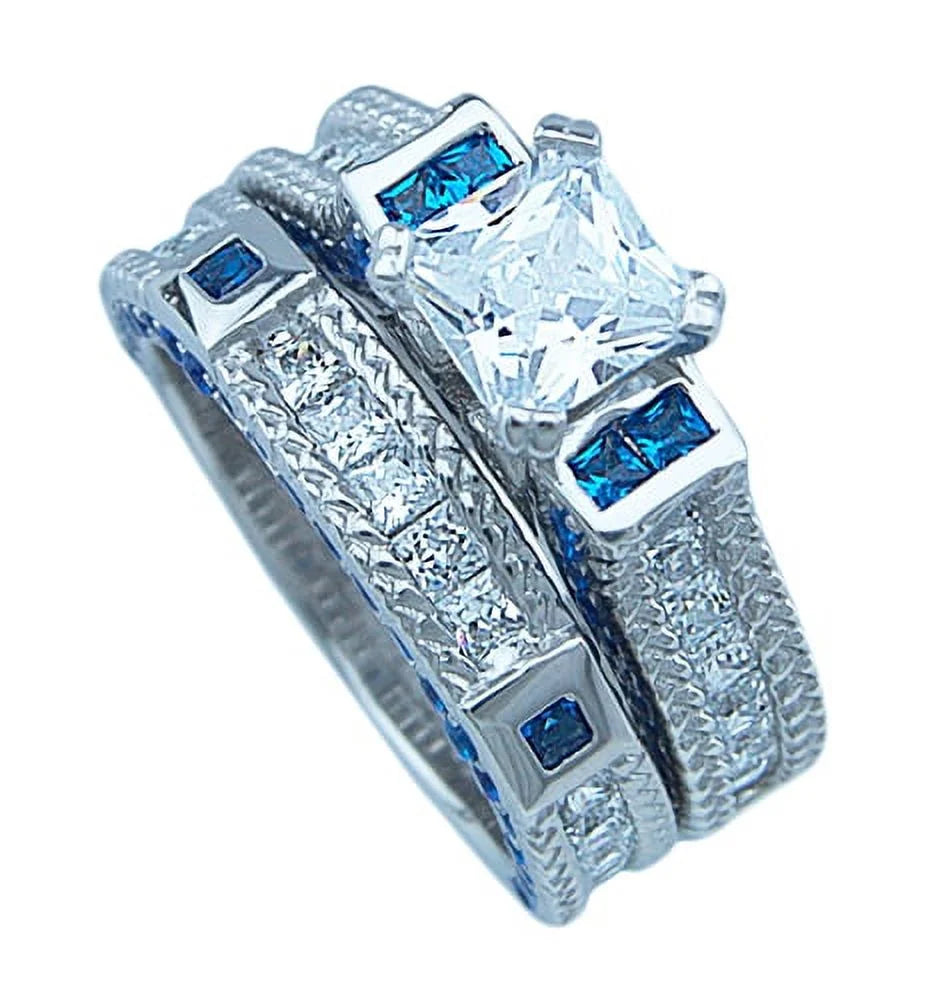 Simulated Sapphire Engagement Ring Set I8124