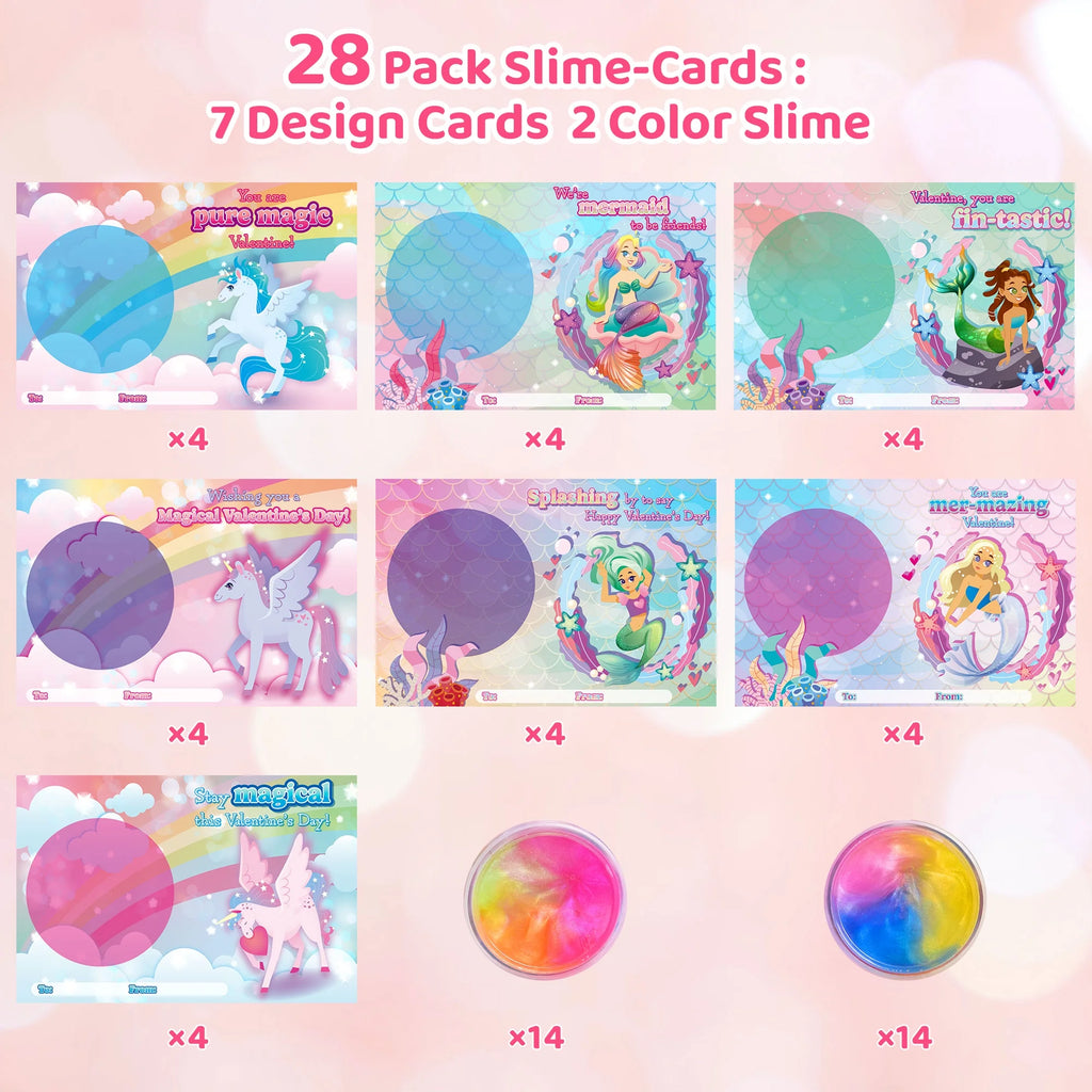 28Pcs Valentine Galaxy Slime with Mermaid and Unicorn Cards R115337