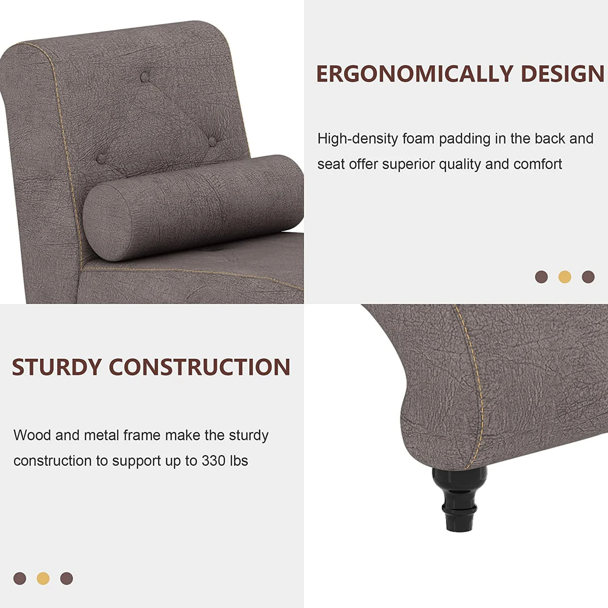 Grey Velvet Button-Tufted Chaise Lounge Chair with Bolster Pillow H39685