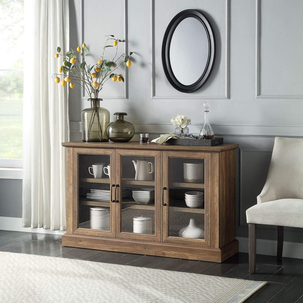 Rustic Grey Wood Sideboard Buffet with Storage Cabinet, Glass Doors, and Adjustable Shelves A6020