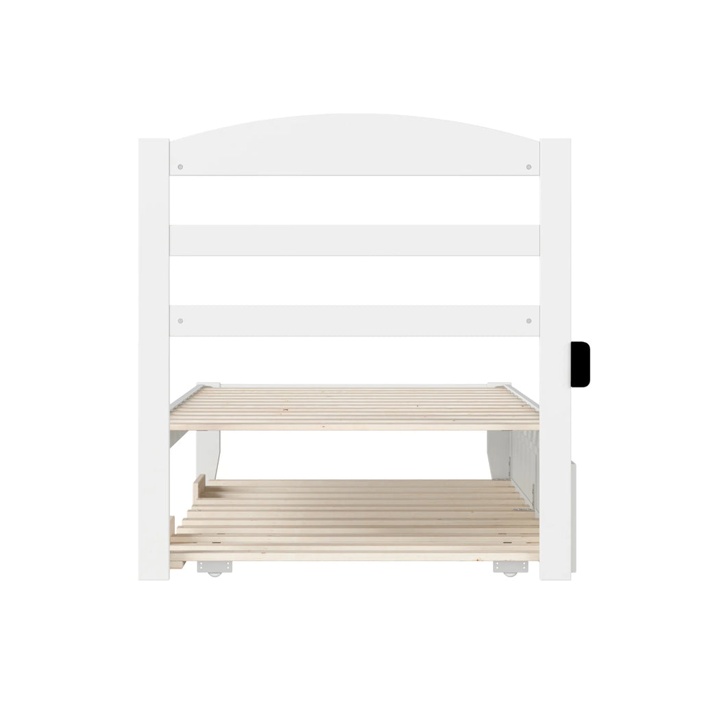 White Solid Wood Twin Bed with Trundle and USB Charger I6665