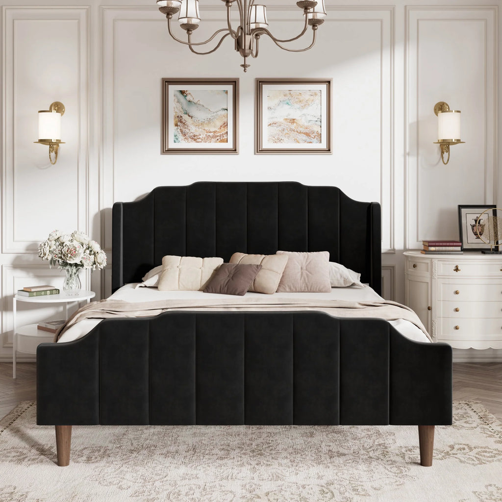 Queen Size Blue Velvet Upholstered Platform Bed Frame O2781
