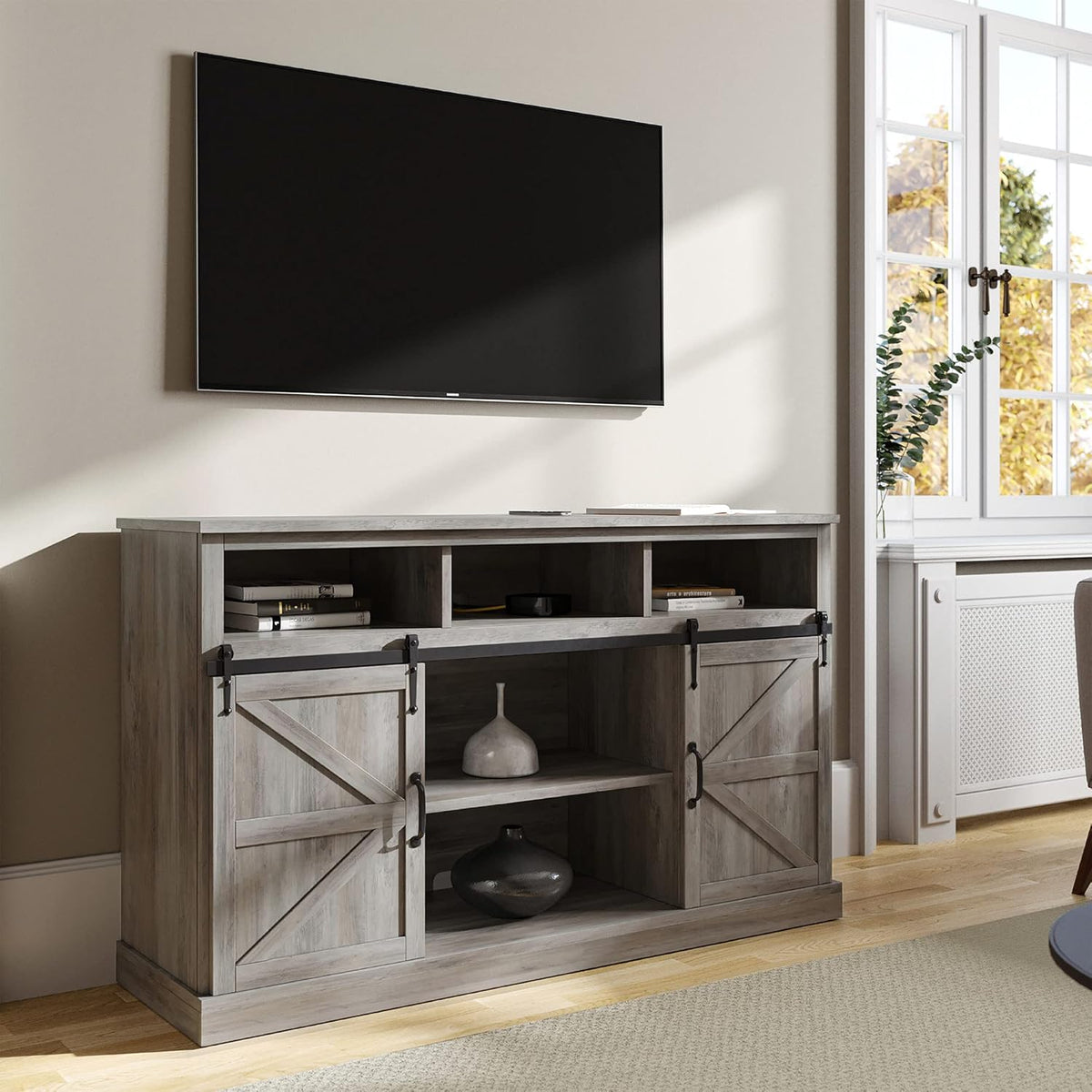 Stone Grey TV Stand with Sliding Barn Door and Storage Cabinets P4601