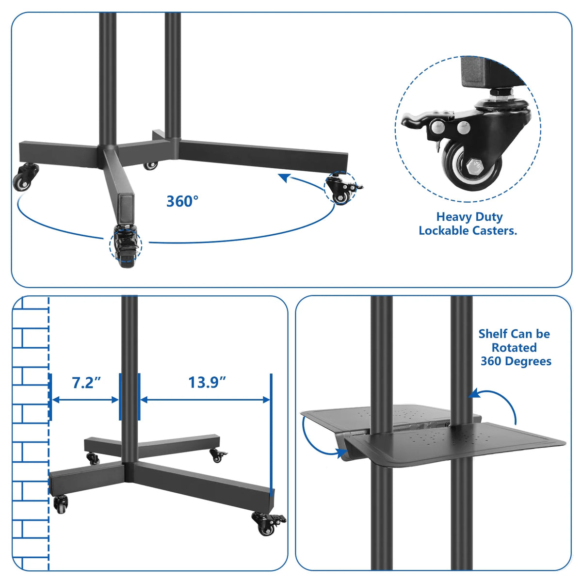 Black Mobile TV Stand Cart on Wheels for 32 to 75 inch TVs U453564