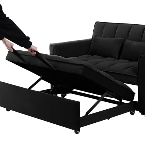 Blue Velvet Double Convertible Sofa Bed with Storage Bag and Pillow F994869