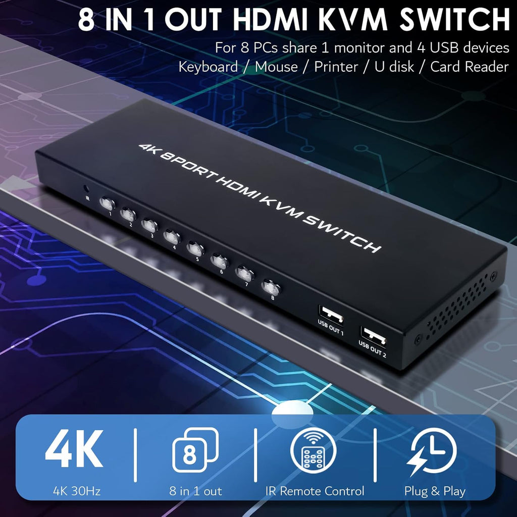 8 Ports HDMI KVM Switch 4K @ 30Hz with IR Remote N4573
