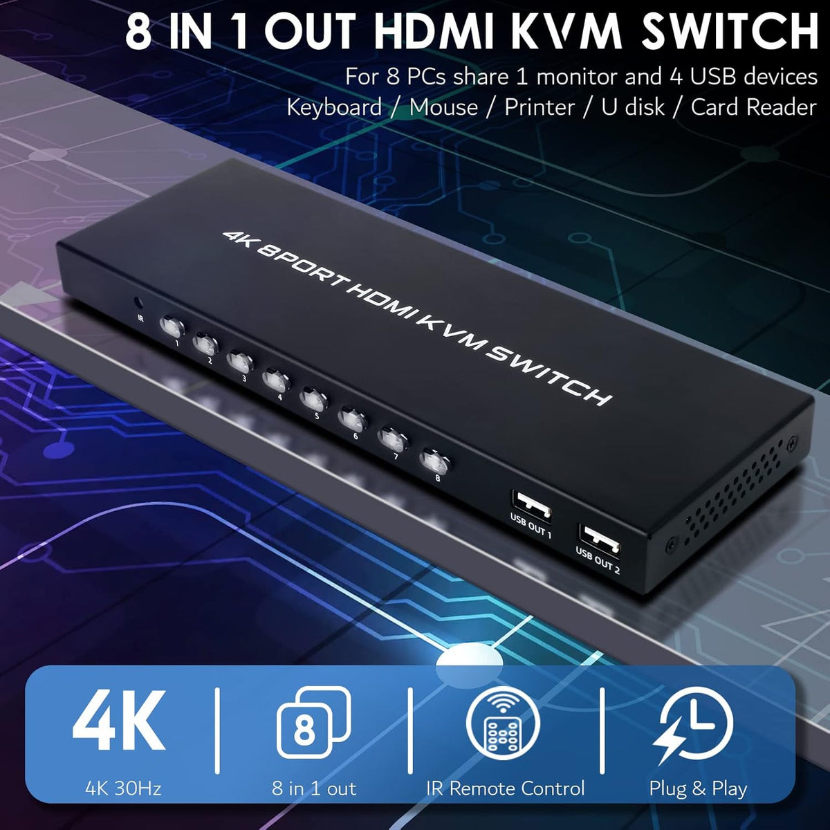 8 Ports HDMI KVM Switch 4K @ 30Hz with IR Remote N4573