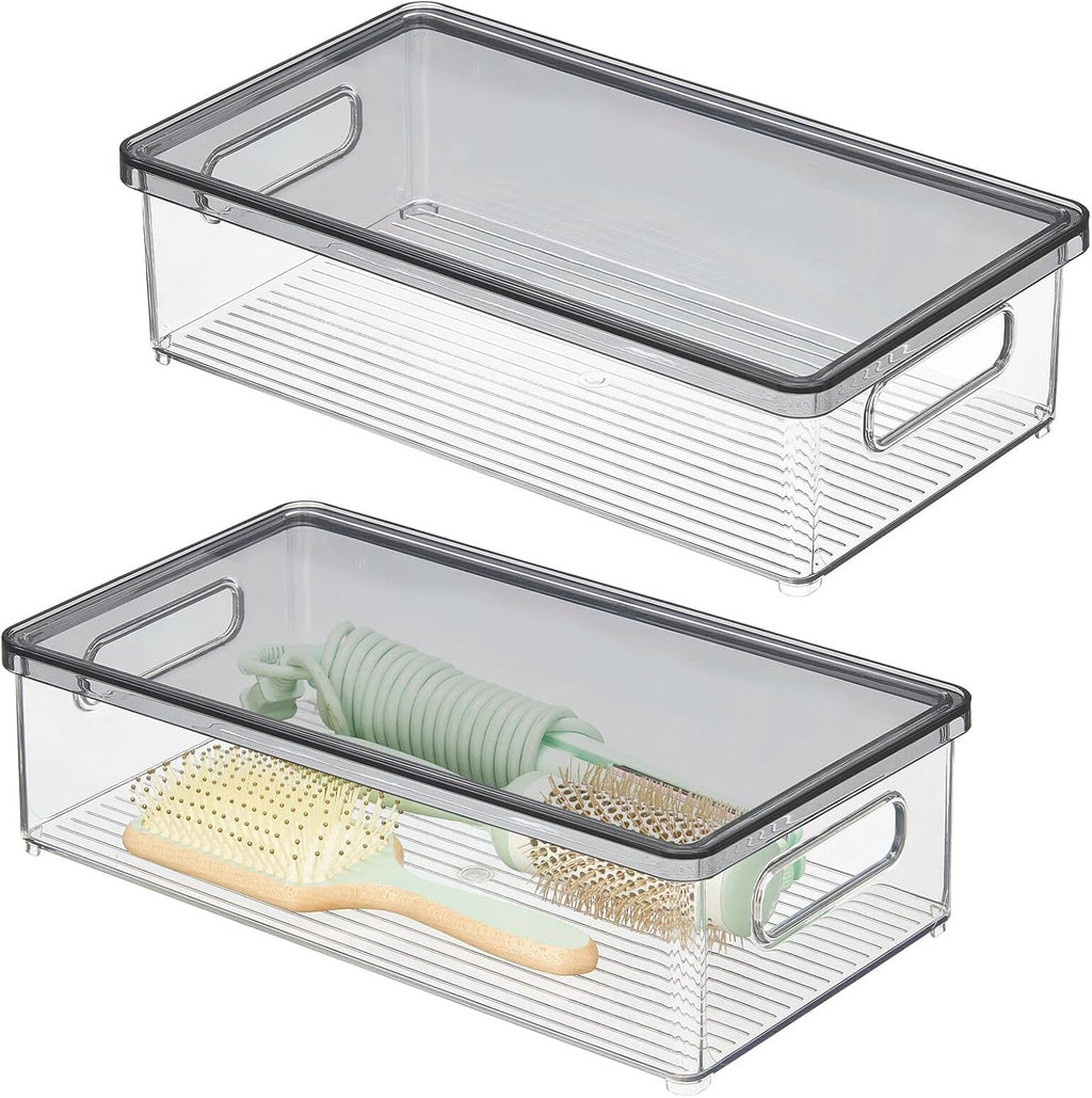 Clear/White Plastic Stackable Bathroom Storage Bin with Handles/Lid, 2 Pack Y578317