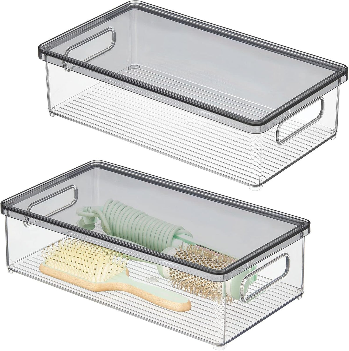 Clear/White Plastic Stackable Bathroom Storage Bin with Handles/Lid, 2 Pack Y578317