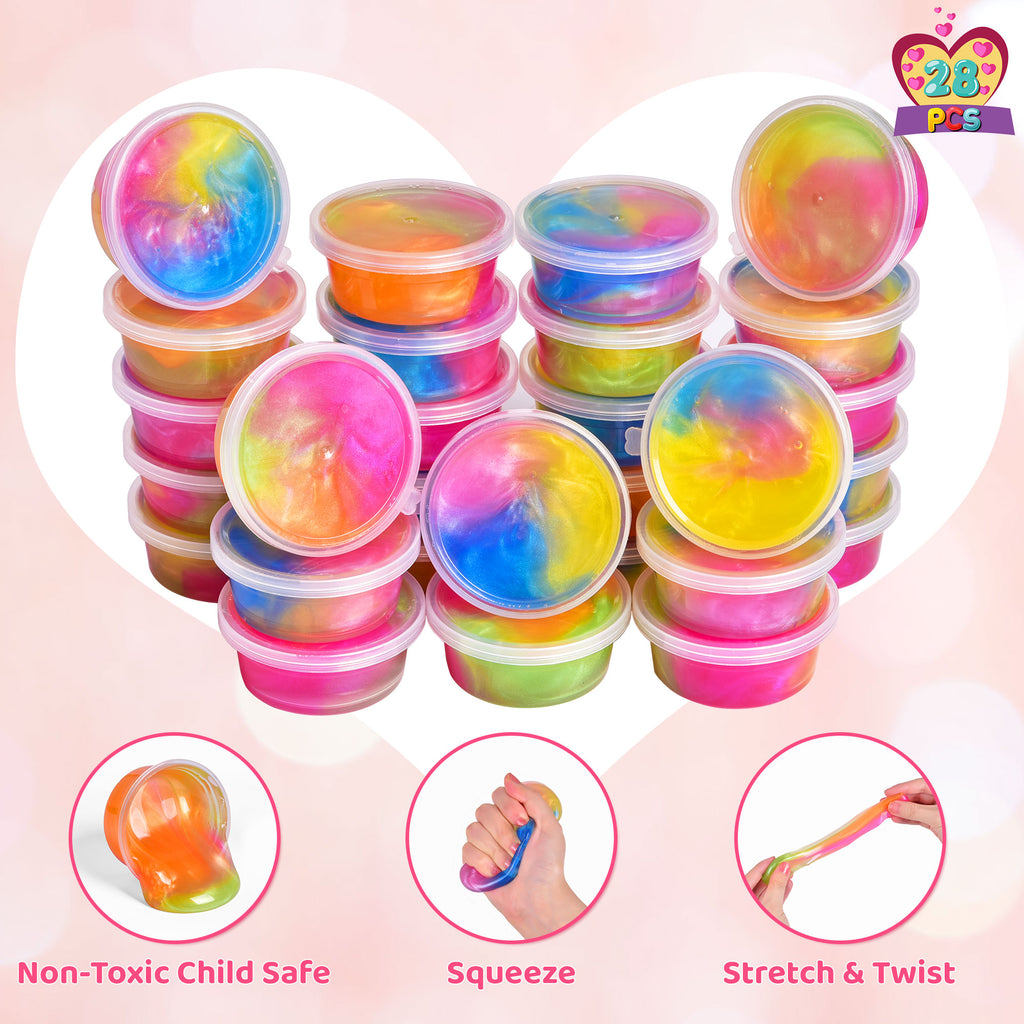 28Pcs Valentine Galaxy Slime with Mermaid and Unicorn Cards R115337