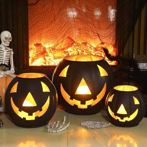 3 Pcs Metal Jack O Lanterns Pumpkin Set with LED Candles V6990