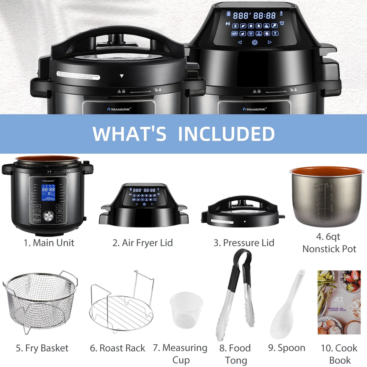 6 Quart Pressure Cooker and Air Fryer Combo with 2 Detachable Lids W20922