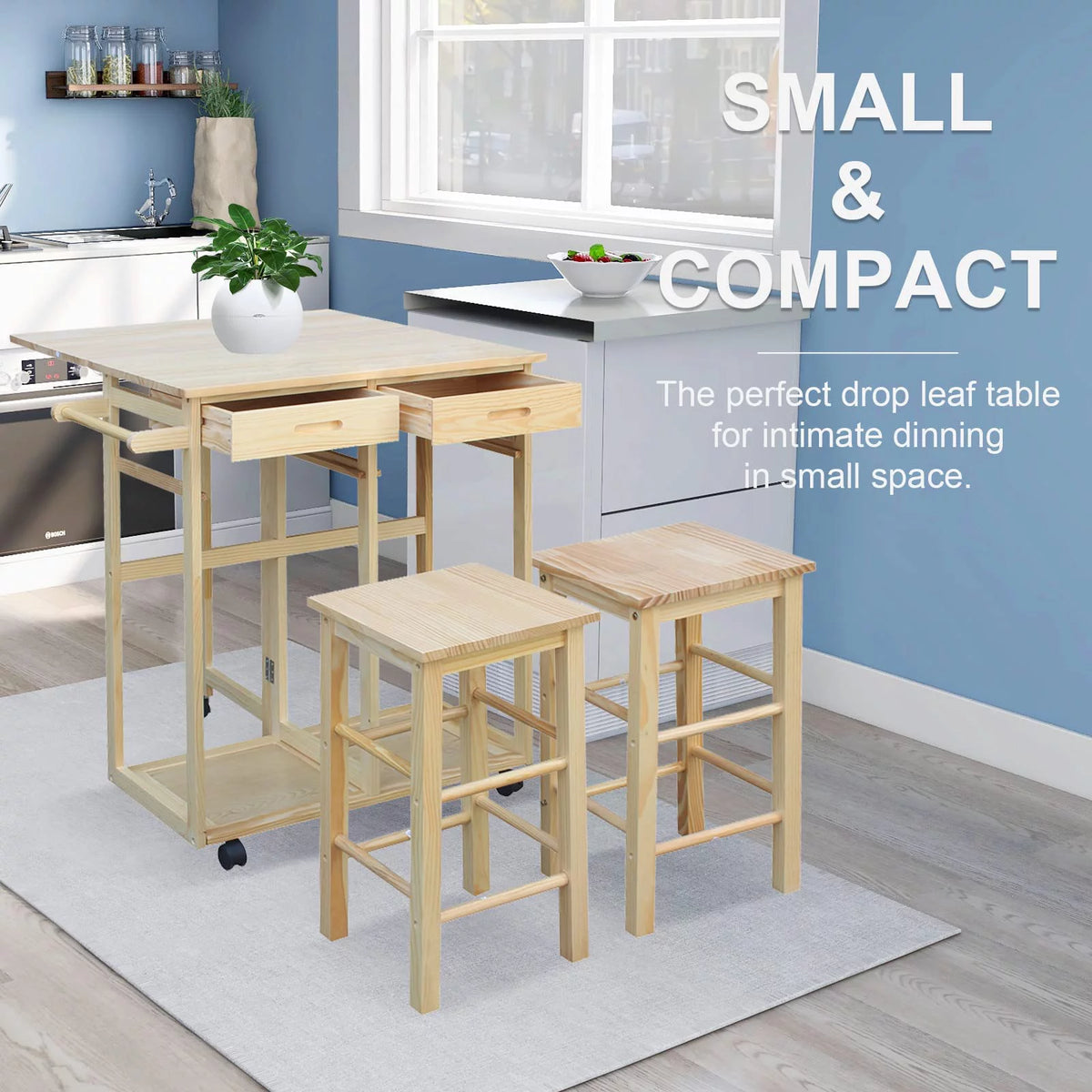 Drop Leaf Table, Rolling Kitchen Tables, Dining Table Set for 2, Natural V476981