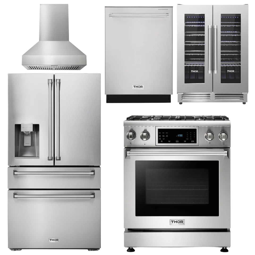 30 In. Propane Gas Range, Range Hood, Refrigerator, Dishwasher, Wine Cooler K8707