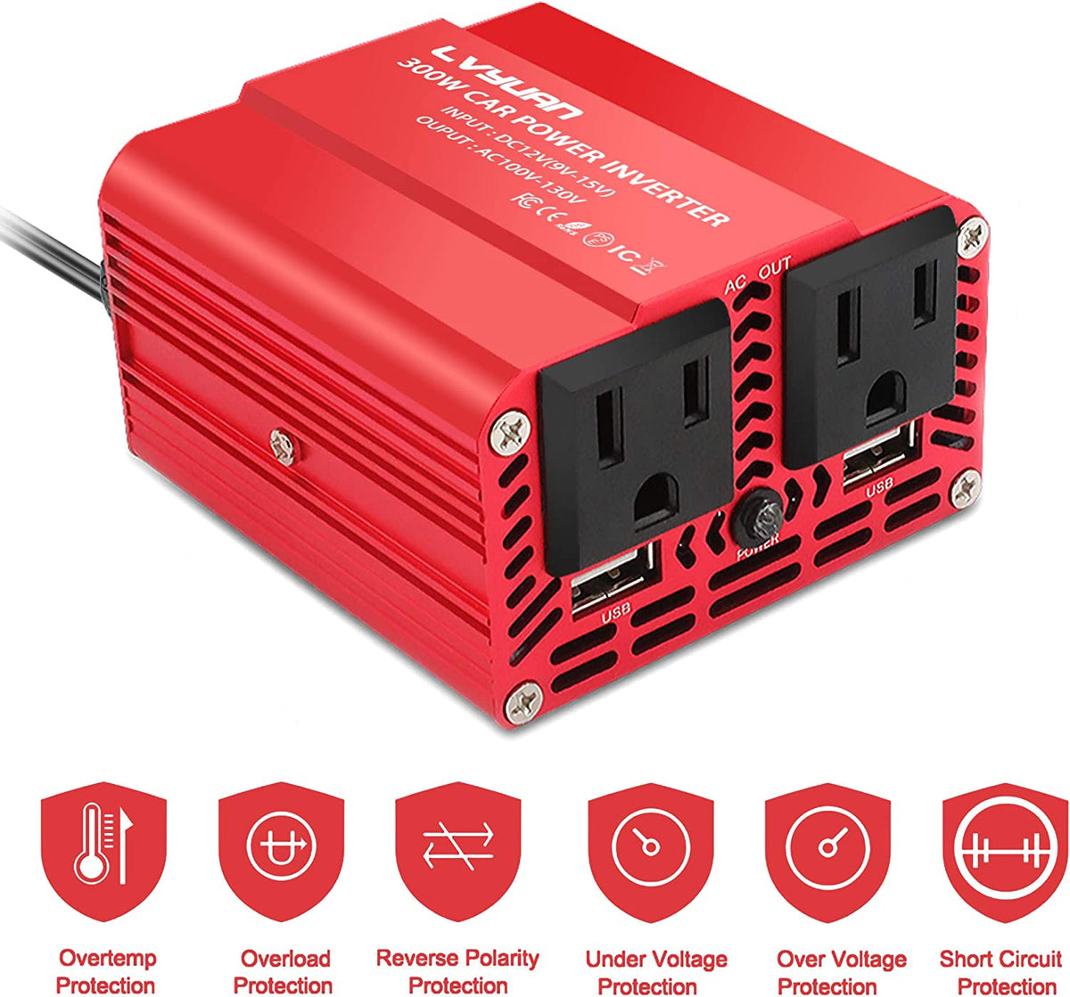 300W Power Inverter DC 12V to 110V AC with 3.1A Dual USB Charger Y22848