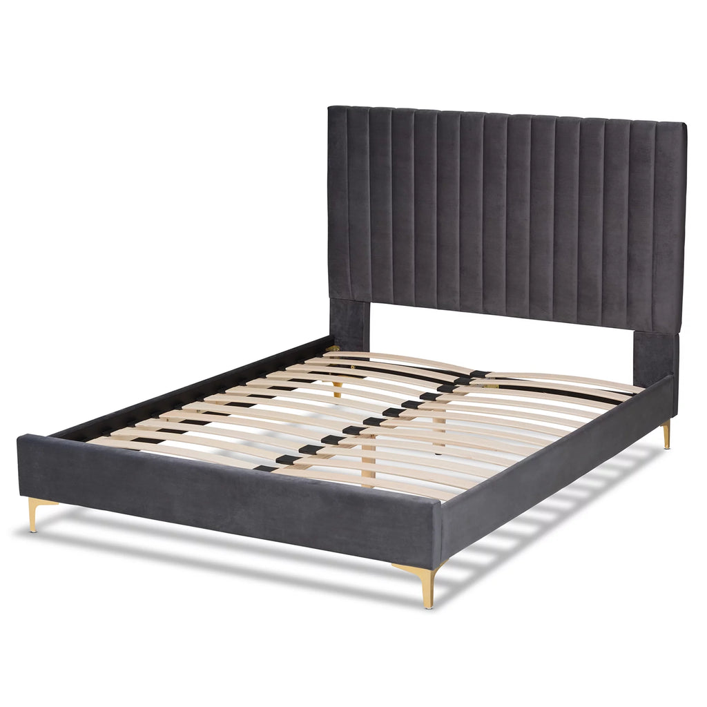 Grey Velvet Gold Metal Queen Size Platform Bed K64259
