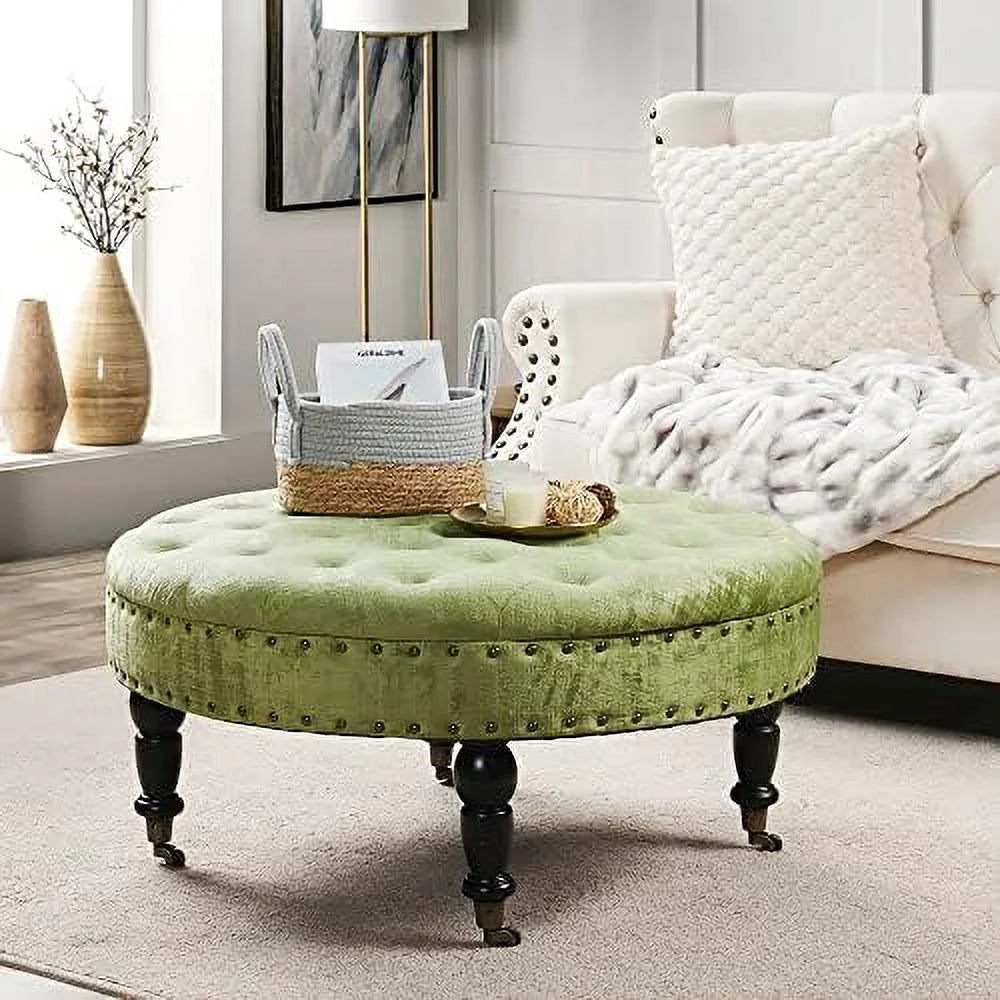 Green Tufted Round Velvet Ottoman Coffee Table 34" Large M35838