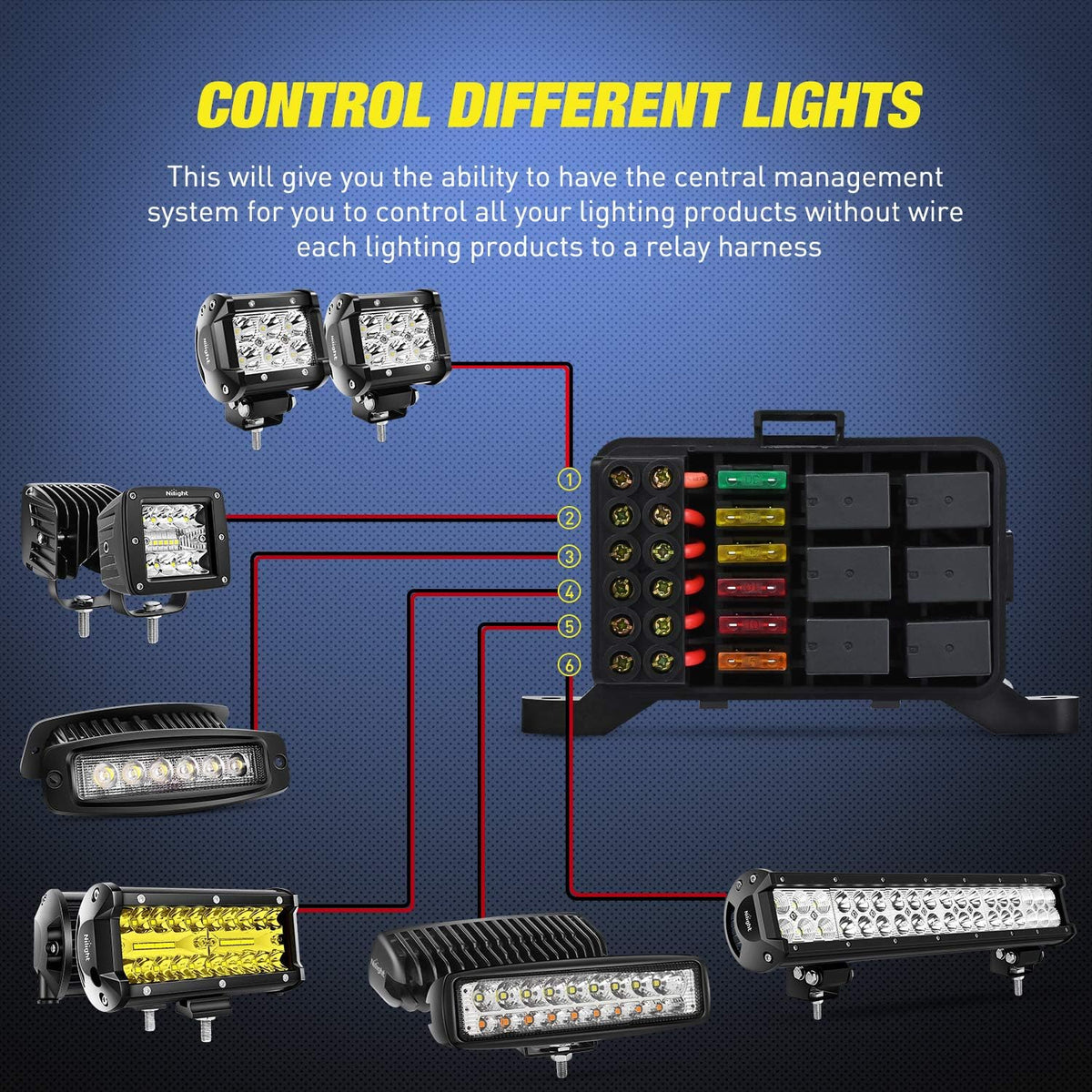 6 Gang Switch Panel Circuit Control Relay System with Fuse Wiring Harness Automatic Dimmable ON-Off LED Switch Pod D140527