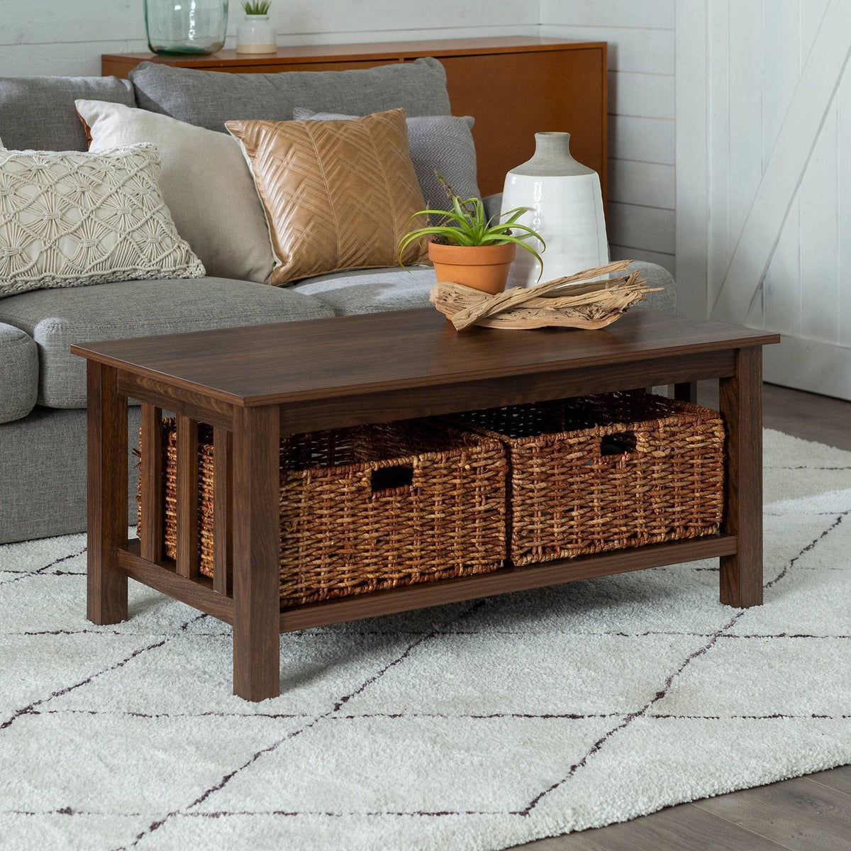 Dark Walnut Coffee Table with Woven Baskets C2117