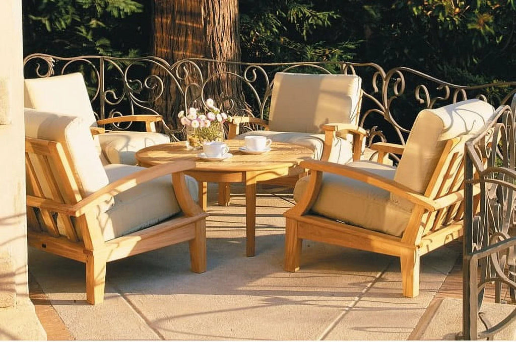 Grade-A Teak Wood 7 Piece Sofa Set with 4 Lounge Chairs, 2 Ottomans and Round Coffee Table L210024