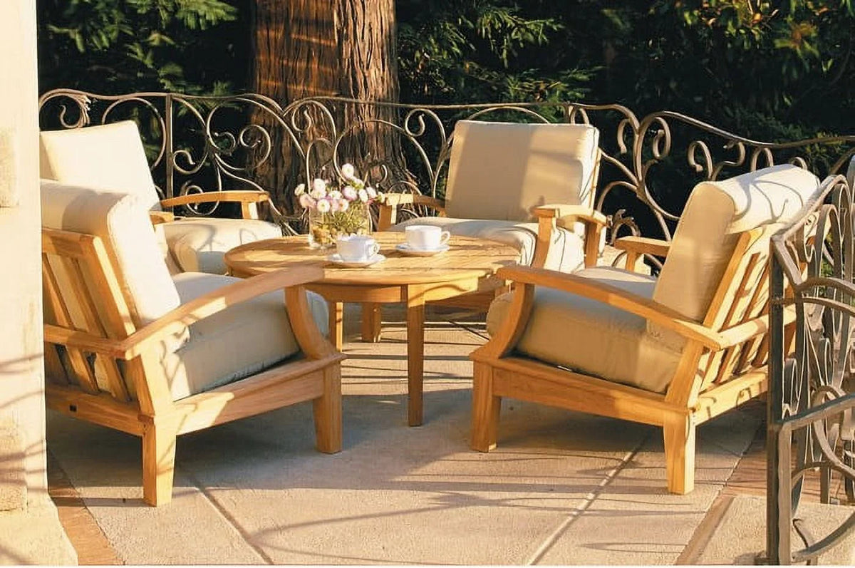 Grade-A Teak Wood 7 Piece Sofa Set with 4 Lounge Chairs, 2 Ottomans and Round Coffee Table L210024
