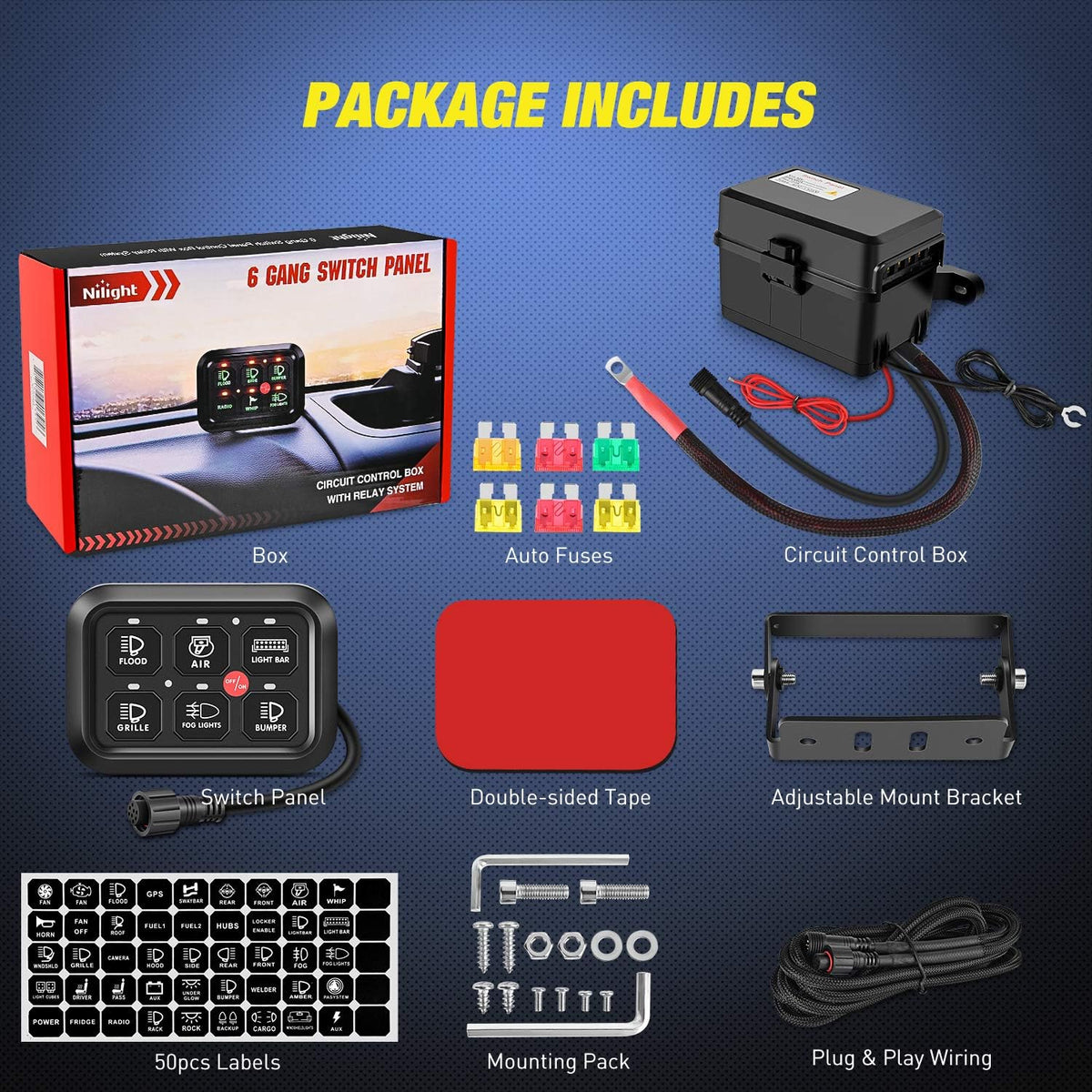6 Gang Switch Panel Circuit Control Relay System with Fuse Wiring Harness Automatic Dimmable ON-Off LED Switch Pod D140527