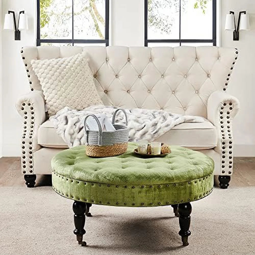 Green Tufted Round Velvet Ottoman Coffee Table 34" Large M35838