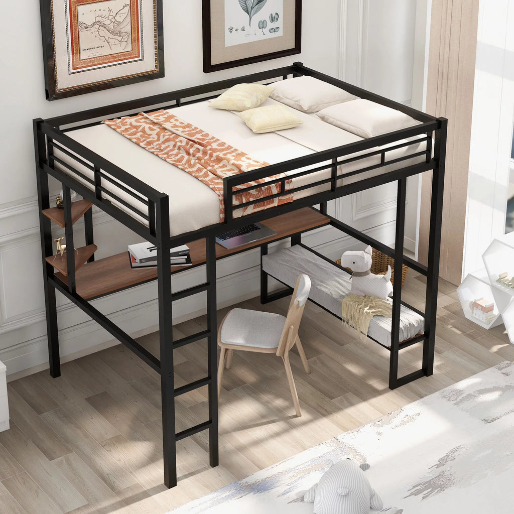 Black Loft Bed with Desk and Shelves U1728