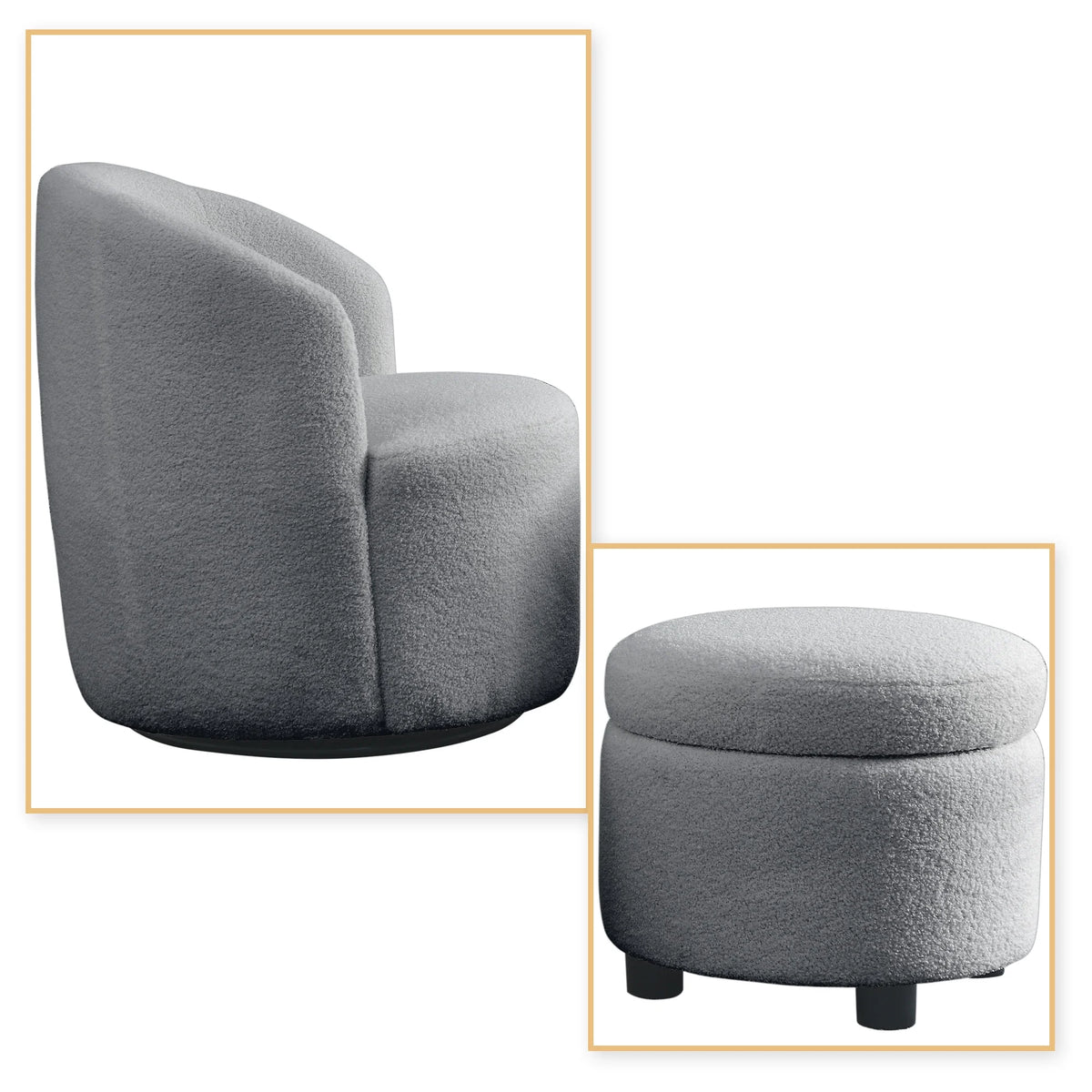 Grey Teddy Fabric Upholstered Swivel Barrel Chair with Storage Ottoman D474