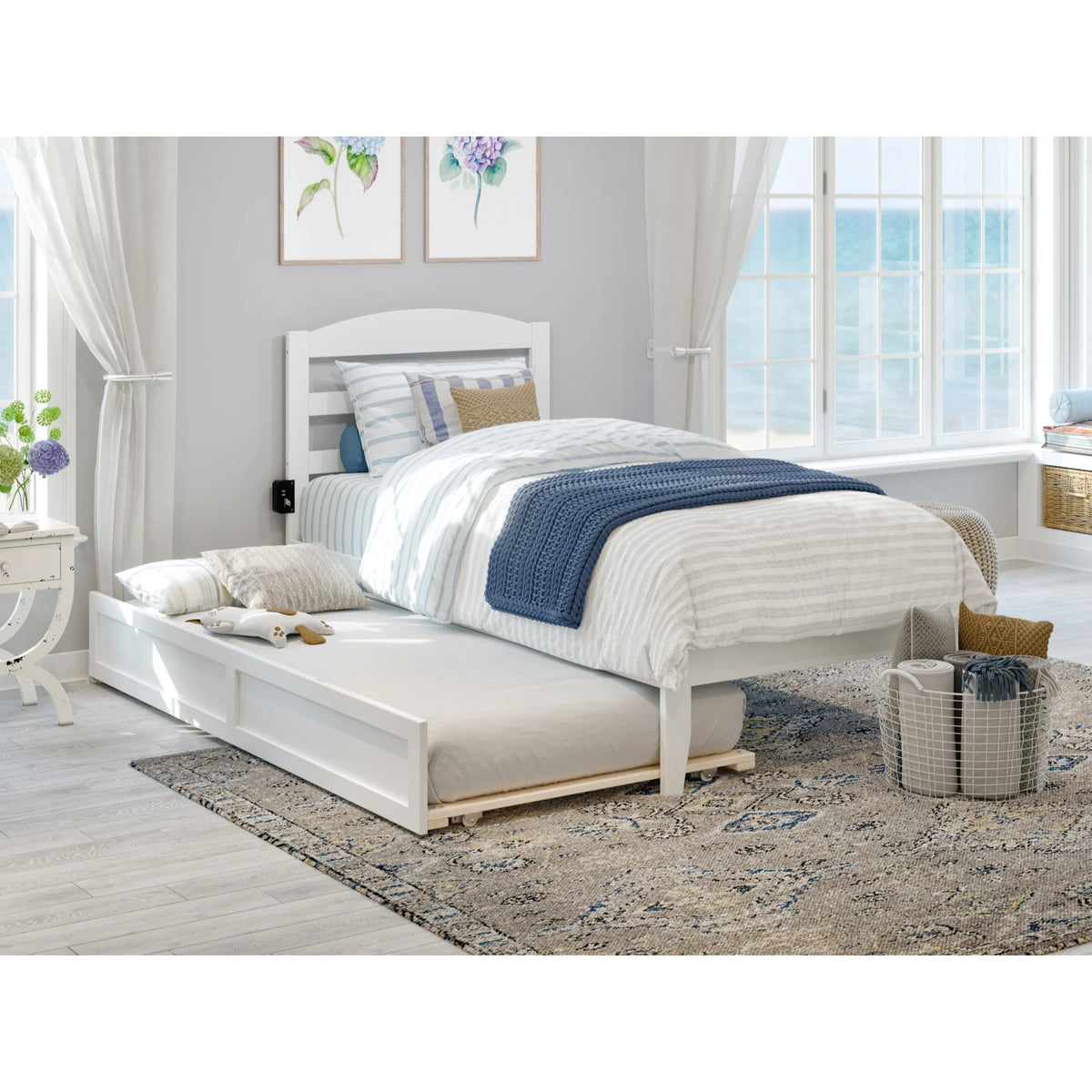 White Solid Wood Twin Bed with Trundle and USB Charger I6665
