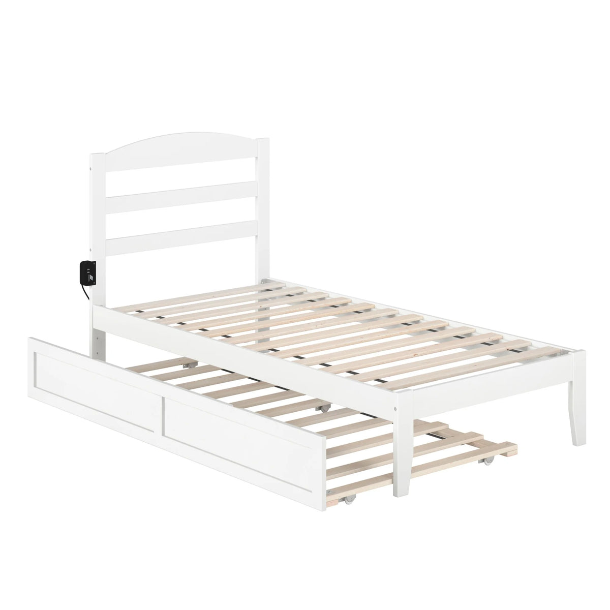 White Solid Wood Twin Bed with Trundle and USB Charger I6665