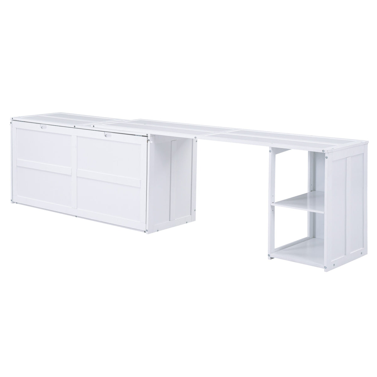 White Queen Size Solid Pine Wood Murphy Bed with Desk and Storage Shelves L4324