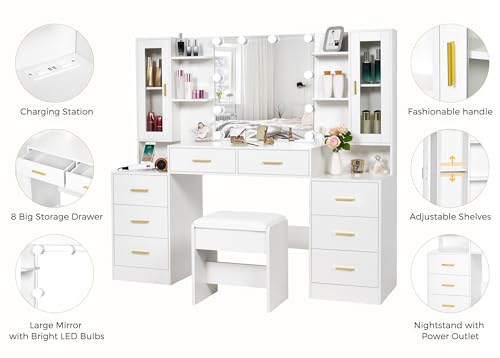 White Large Vanity Desk with Mirror and Lights 8 Drawers J969