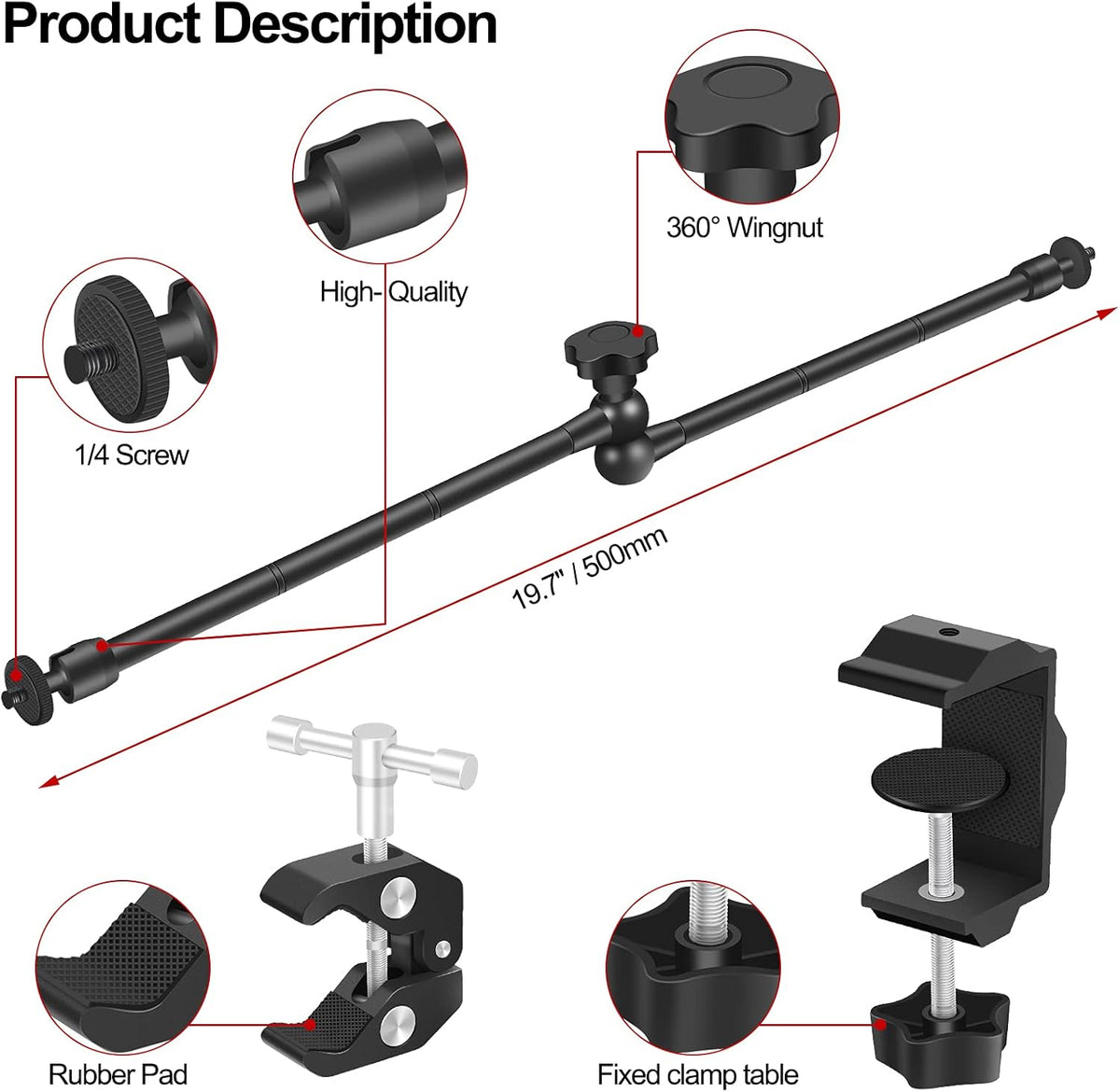 Camera Mount Clamp with 1/4 and 3/8 Thread Adjustable Articulating Arm E1869